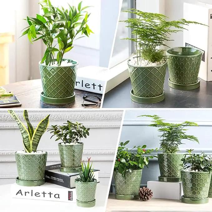 Ceramic Plant Pots,4+5+6 Inch Pots for Indoor Plants,Planters with Drainage Holes and Ceramic Tray, Indoor Flower Pots Gardening Home Desktop Office Windowsill Decoration Gift,Set of 3 (Patina) by GreenHaven Gardens