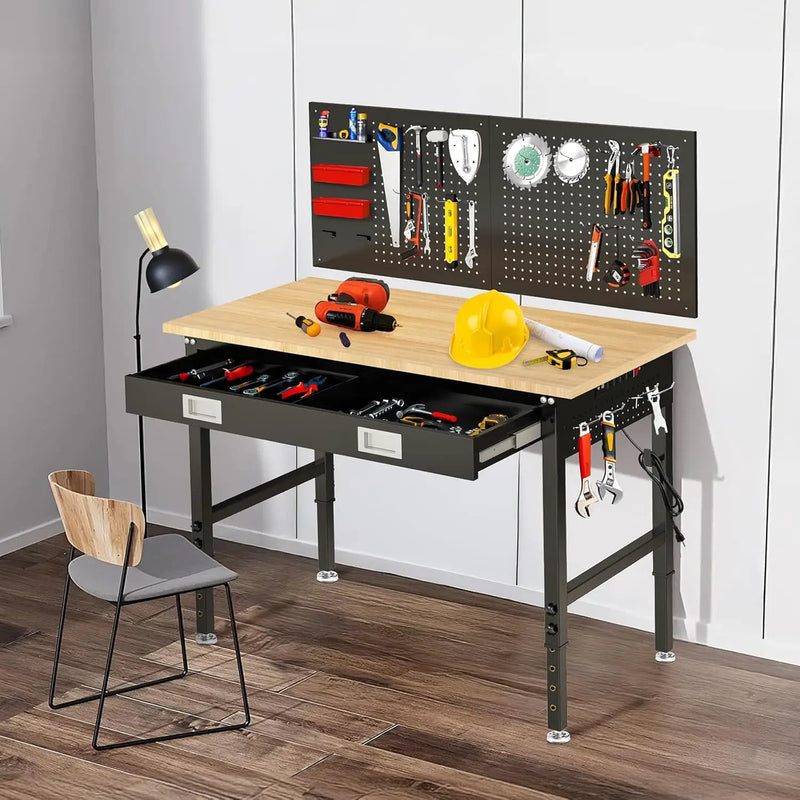 48" Workbench for Garage with Drawers Rubberwood Tabletop Work Table with Pegboard, Power Outlets Adjustable Height Work Bench for Office, Woodworking Shop, Home by GreenHaven Gardens