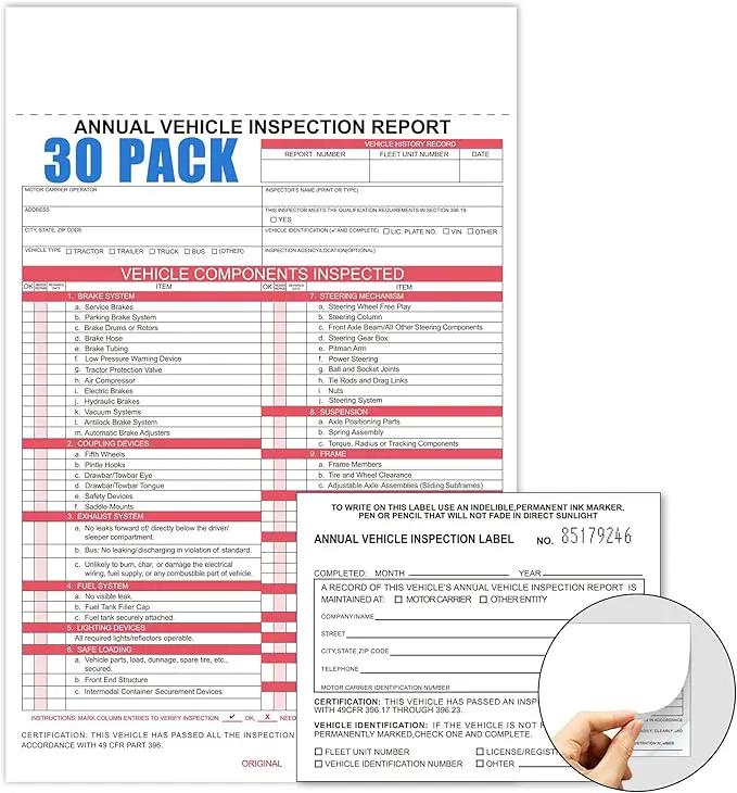 30-Pack Annual Vehicle Inspection Report Form & Adhesive Vinyl Label 2-Ply,3-Ply Carbonless Form DOT Compliant by GreenHaven Gardens