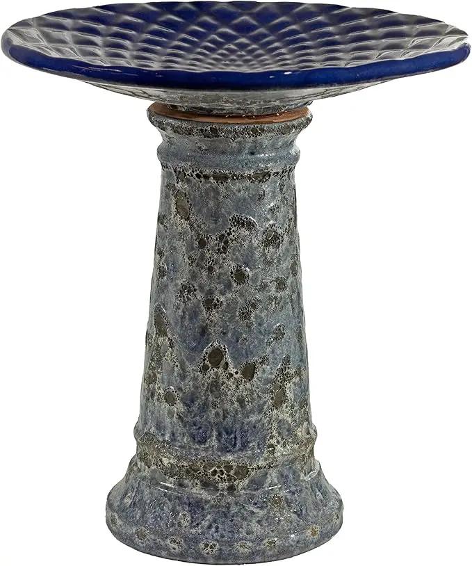 Sunnydaze Rennes Outdoor Ceramic Bird Bath - 22.5" H - UV- and Frost-Resistant - Glazed Bowl with Blue Lava Finish by GreenHaven Gardens