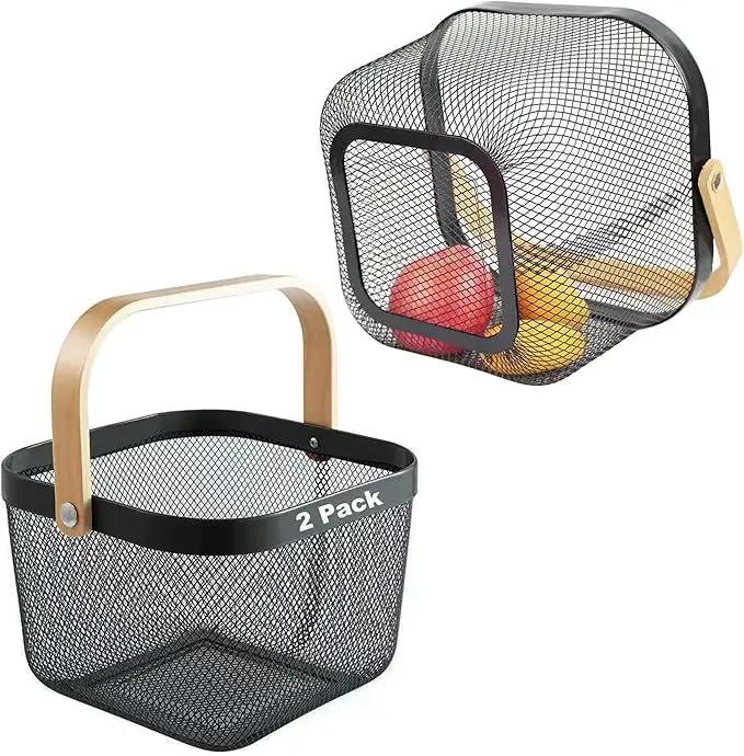 2 Pack Garden Harvest Baskets, Picnic Baskets with Durable Metal Mesh and Bamboo Handle, Perfect for Shopping, Gardening, Picnics, and Organizing by GreenHaven Gardens