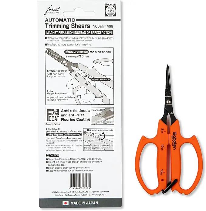 Saboten Japan 6.3" Automatic Japanese Harvesting Shears - Fine-Tipped Angled Blade, Magnetic Springless Action, Stainless Steel with Fluorine Coating, Ergonomic Grip - forest Originals, Made in Japan
