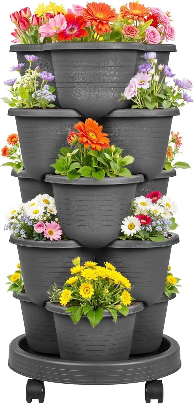 VECELO 5 Tier Vertical Garden Planter, Self Watering Stackable Planters with Wheels for Strawberries, Herbs, Flowers, Vegetables, Dark Gray by GreenHaven Gardens