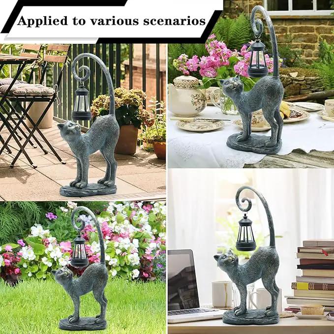 Resin Cat Statue with Solar Lantern, Eye-catching Garden Sculpture Decor，15.3" Height Outdoor Figurine for Garden Yard Patio Decorations，Birthday Gifts by GreenHaven Gardens