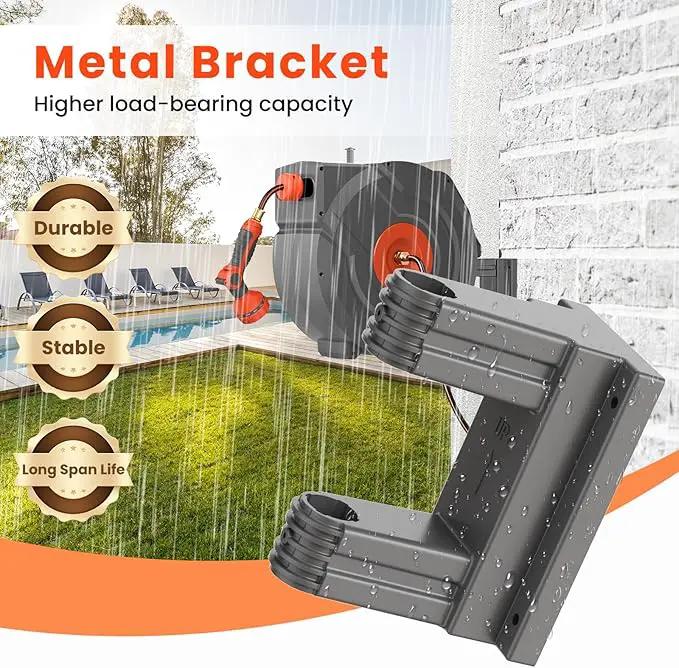Upgraded Retractable Garden Hose Reels 130 ft X 1/2" PRO Metal Bracket 180° Swivel Any Length Lock Heavy Duty Water Hose Reels Wall Mount 9 Pattern Nozzle Garden Watering by GreenHaven Gardens