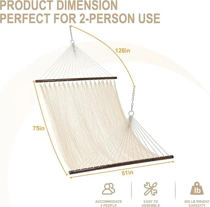 Lazy Daze Hammocks 10.5 FT Double 2 Person Caribbean Rope Hammock, Hand Woven Polyester Hammock with Spreader Bars, for Outside Outdoor Backyard Patio Poolside,450 LBS Capacity, Cream by GreenHaven Gardens