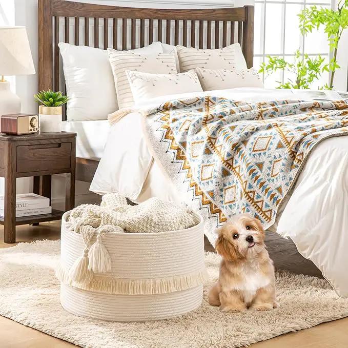 KAKAMAY Large Blanket Basket (20"x13"),Woven Baskets for storage Baby Laundry Hamper, Cotton Rope Blanket Basket for Living Room, Laundry, Nursery, Pillows, Baby Toy chest (White) by GreenHaven Gardens