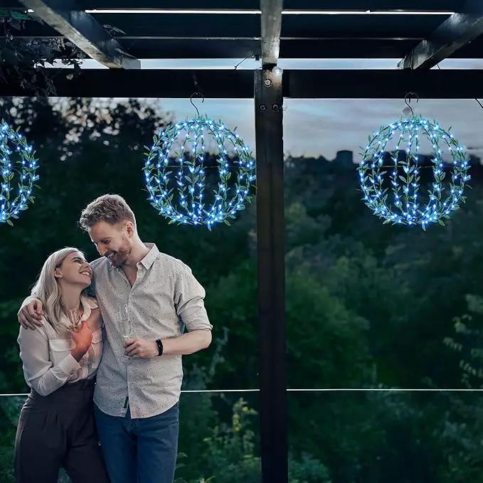 Flacchi Hanging Iron Sphere Lights with Artificial Greenery – 12Inch 120 LED Waterproof Outdoor/Indoor Decor Ball Light with Timer & 8 Modes – 2 Pack for Garden, Christmas, Weddings (Blue) by GreenHaven Gardens