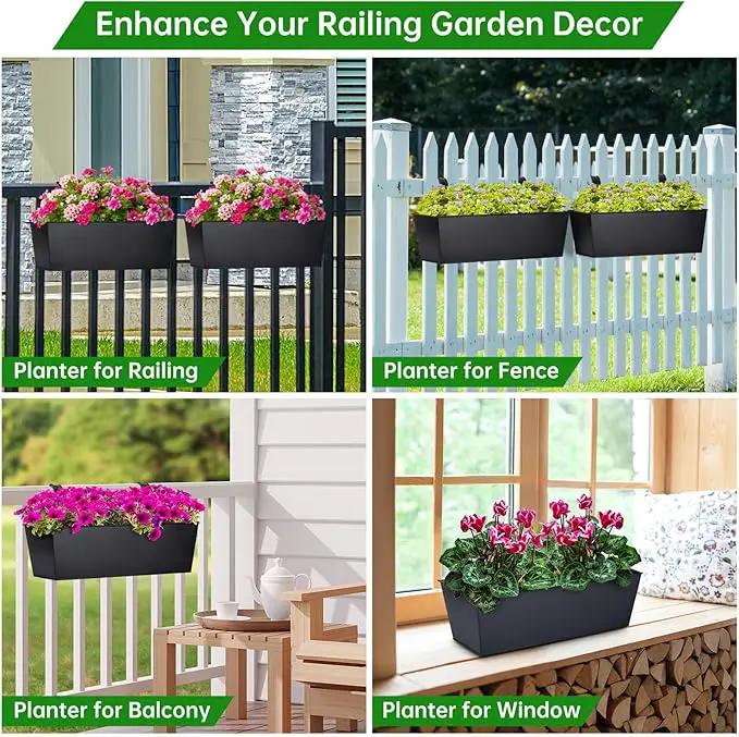 OGIMA 16-Inch Railing Planter Box, 3 Pack Large Hanging Planters for Outdoor Plants with Adjustable Wide Hooks for 2.7'' Railings - Balcony Planters Railing Hanging for Deck, Fence & Patio Decor by GreenHaven Gardens