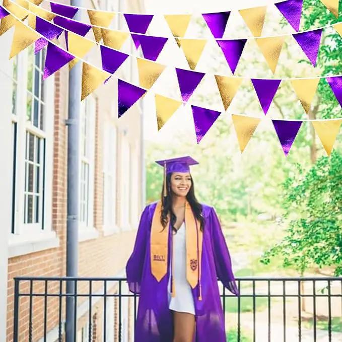 Purple and Gold Party Decorations Metallic Fabric Triangle Pennant Banner Flag Bunting Garland for Graduations Birthday Retirement Wedding Baby Shower Bachelorette Halloween Outdoor Party Supplies by GreenHaven Gardens