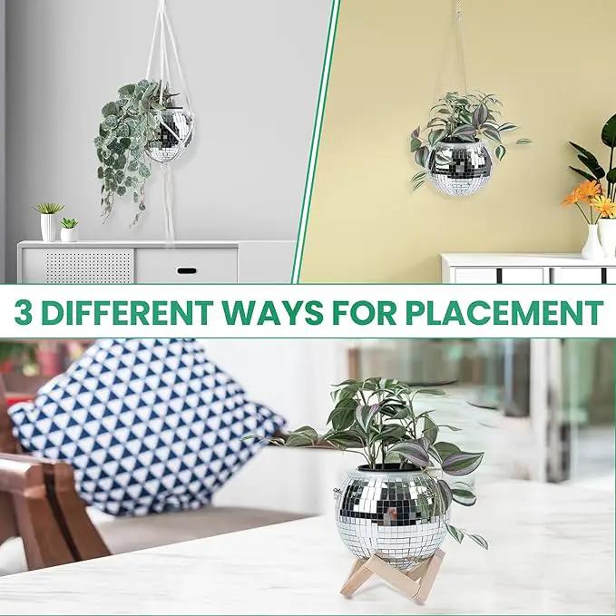 6" Disco Ball Planter – Rotating Mirror Planter with Macrame Hanger & Wooden Stand for Indoor and Outdoor Plants by GreenHaven Gardens