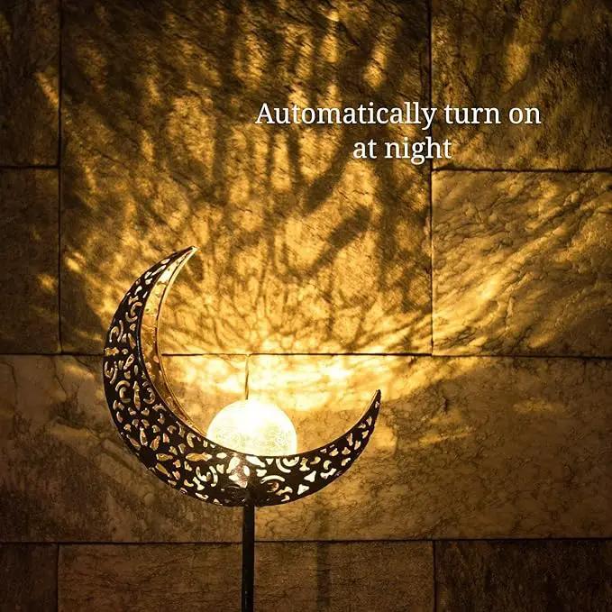 SunKite 2 Pack Garden Solar Light Outdoor Metal Moon Shape Lamp with Waterproof Crackle Glass Globe for Garden,Lawn,Patio,Pathway or Courtyard by GreenHaven Gardens