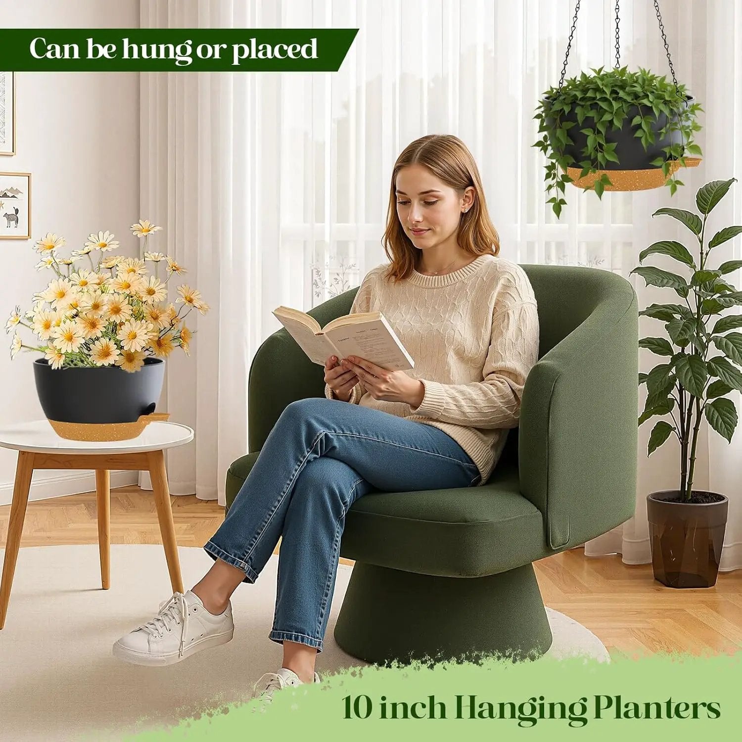 10 Inch Hanging Planters with Chains 2 Pack Self Watering Black Brown Plastic Hanging Pots for Indoor Outdoor Plants, Garden Porch Home Decor (Black Brown) by GreenHaven Gardens