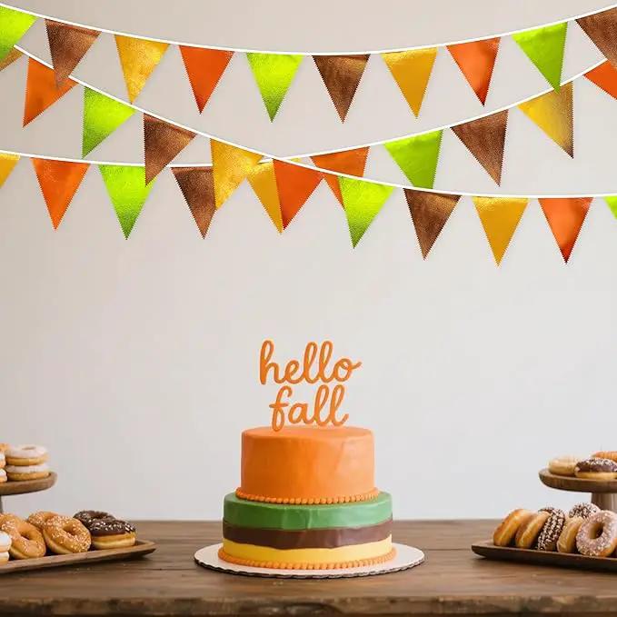 Fall Party Decorations Orange Green Gold Brown Metallic Fabric Triangle Pennant Flag Bunting Banner for Fall Autumn Thanksgiving Wedding Birthday Baby Shower Bridal Shower Engagement Party Supplies by GreenHaven Gardens
