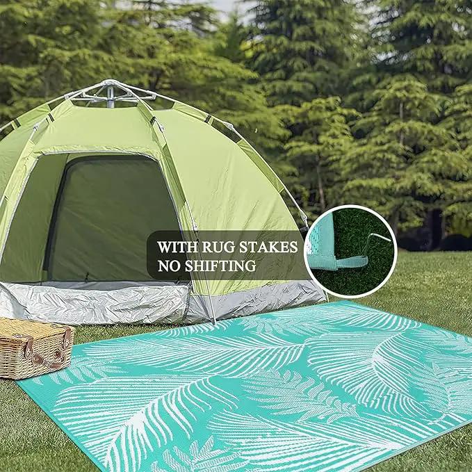 Pauwer Waterproof Outdoor Rug 8x10, Reversible Plastic Straw Patio Camping Rug, Indoor Outdoor RV Mat Carpet for Deck, Camper, Porch, Balcony, Backyard, Picnic, Leaf Light Blue by GreenHaven Gardens