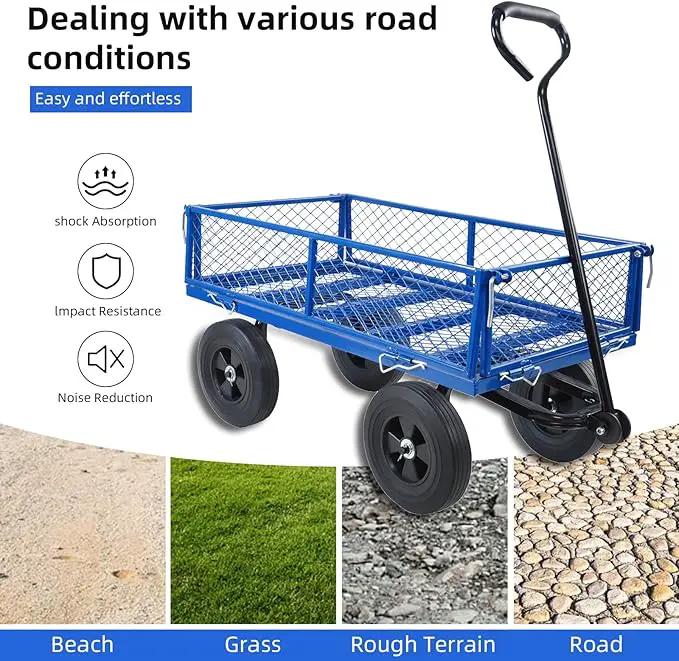 Heavy Duty 480 Lbs Capacity Mesh Steel Garden Cart Folding Utility Wagon with Removable Sides (Blue) by GreenHaven Gardens