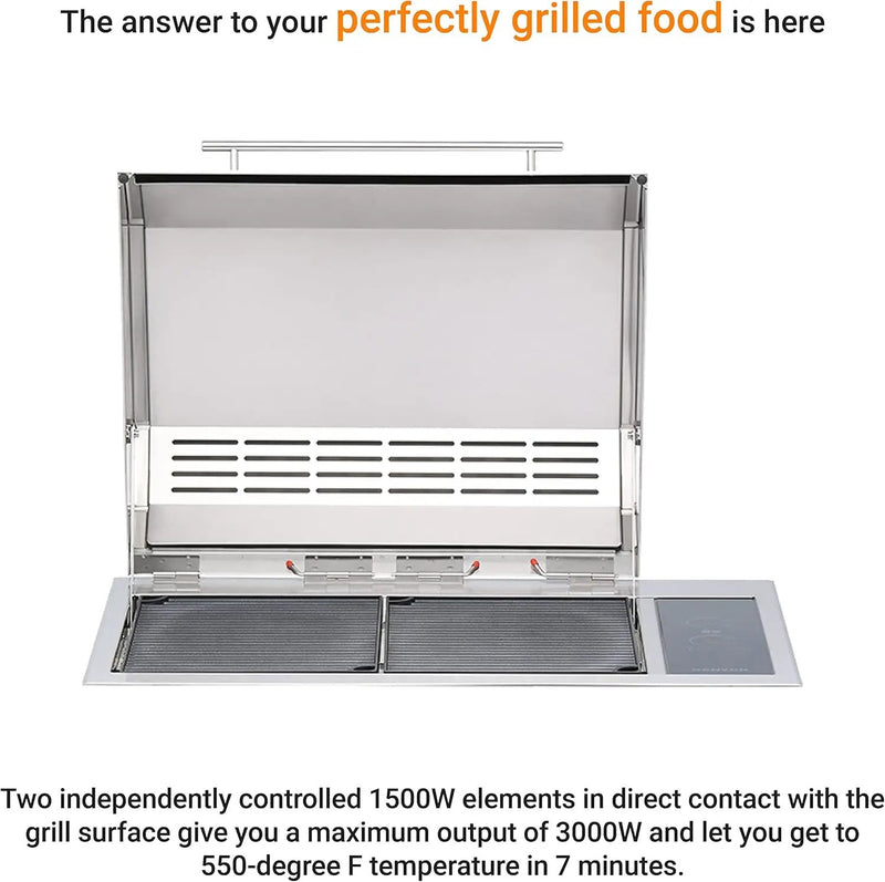 Kenyon Texan Built-In Electric Grill with Faceted Single Piece Lid and Standard Lite Touch Control, Stainless Steel Body, UL-Approved for Use Indoors and Outdoors, No-Flame Grill, 240 Volts by GreenHaven Gardens