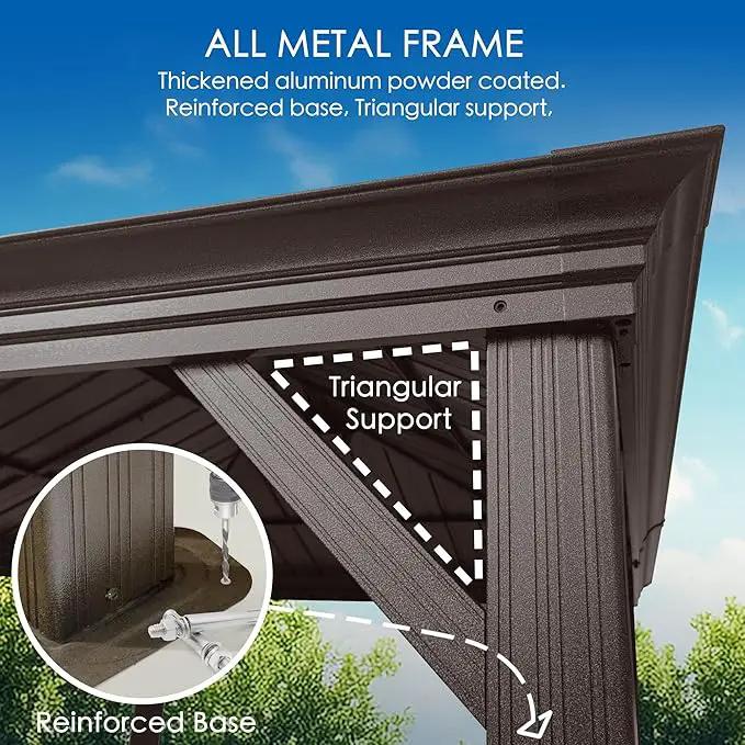 Kozyard Alexander 12' X 12' Hardtop Gazebo, Aluminum Metal Gazebo with Galvanized Steel Double Roof Canopy, Curtain and Netting for Patio Backyard Deck Lawn Brown by GreenHaven Gardens