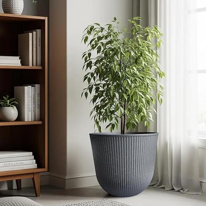 WORTH Garden Round Large Planter Pot Set of 2-17.5" Dia x 15.5" H - Durable Plastic Grey Plant Tree Pots with Vertical Stripe Textured Finish, Drainage Hole for Indoor, Outdoor, Front Porch, Patio by GreenHaven Gardens