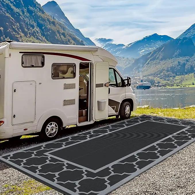 GENIMO 9' x 18' Outdoor Rug Waterproof for Patio, Foldable Reversible Plastic Straw Area Rugs Mat for Rv Decor, Outside Carpet for Camper, Deck, Picnic, Beach, Balcony, Porch, Black & Grey by GreenHaven Gardens