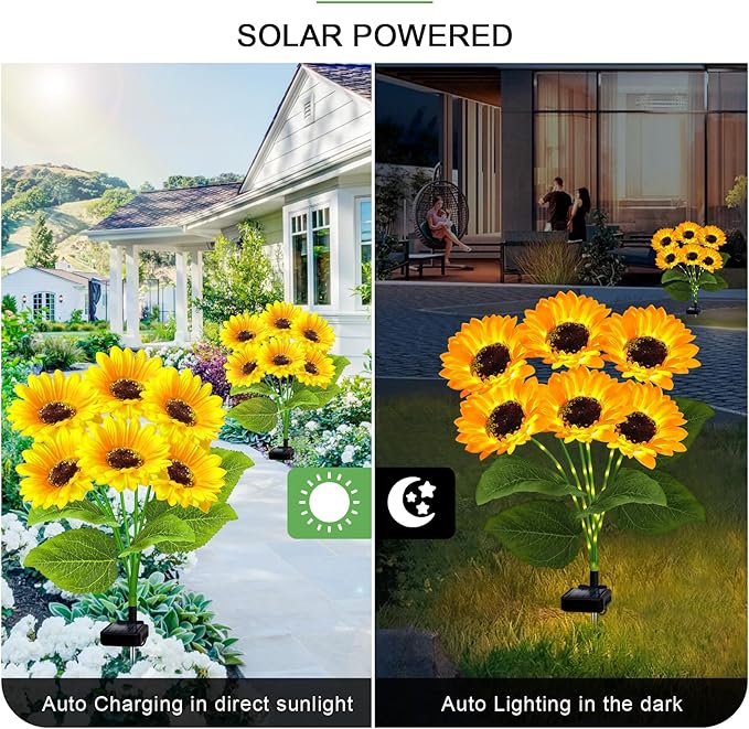 4 Pack Solar Sunflower Garden Lights 24 Vibrant Sunflowers LED Outdoor Decorative Stake Lights for Yard, Patio, Lawn, Pathway, IP65 Waterproof, Gardening Gift for Mom, Grandma, and Friends by GreenHaven Gardens