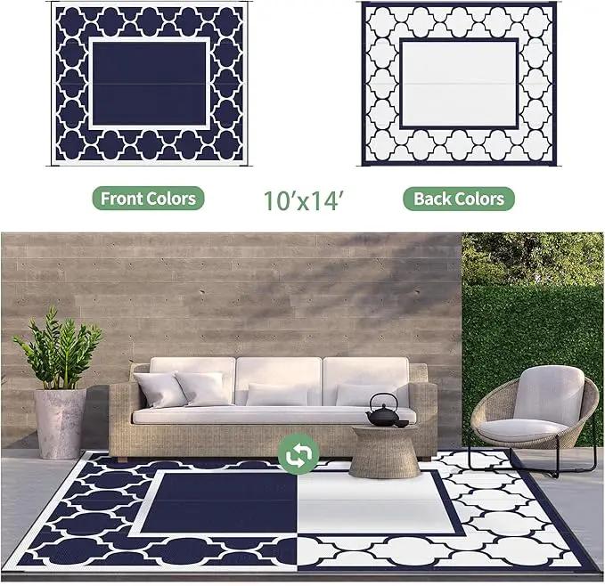 GENIMO 10' x 14' Outdoor Rug Waterproof for Patio, Foldable Reversible Plastic Straw Area Rugs Mat for Rv Decor, Outside Carpet for Camper, Deck, Picnic, Beach, Balcony, Porch, Blue & White by GreenHaven Gardens