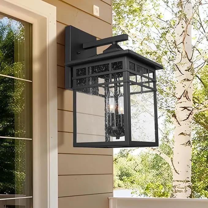 Outdoor Light Fixture Wall Mount, Black Exterior Light Fixture Wall Sconces with Seeded Glass for Front Porch, Large Waterproof Outdoor Square Wall Lantern Outside for House Doorway by GreenHaven Gardens