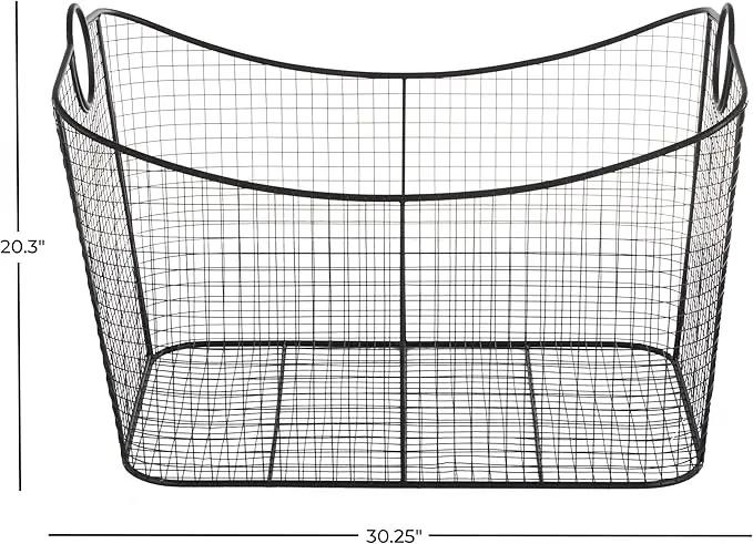Deco 79 Metal Large Open Frame Wire Grid Storage Basket with Curved Sides and Ring Handles, 30" x 20" x 20", Black by GreenHaven Gardens