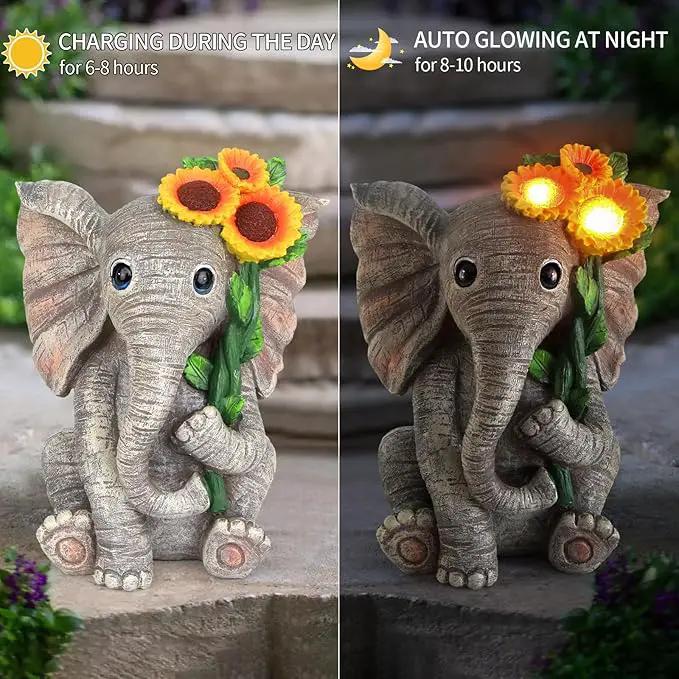 Outdoor Sculpture Figurine Statue Elephant Decor,Solar Garden Statues for Patio Home Yard Decor,Good Luck Sunflower Elephant for Women, Mom Gifts Housewarming Gift by GreenHaven Gardens