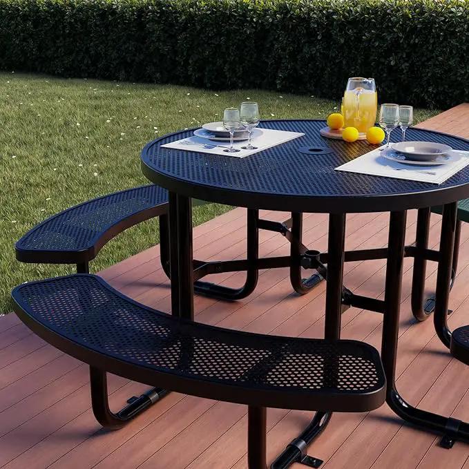 Metal Picnic Tables for Outdoors with Umbrella Hole - Coated Steel Heavy Duty Commercial Grade Table with Adjustable Seats (Black, 46 in, Round, Punched Steel) by GreenHaven Gardens