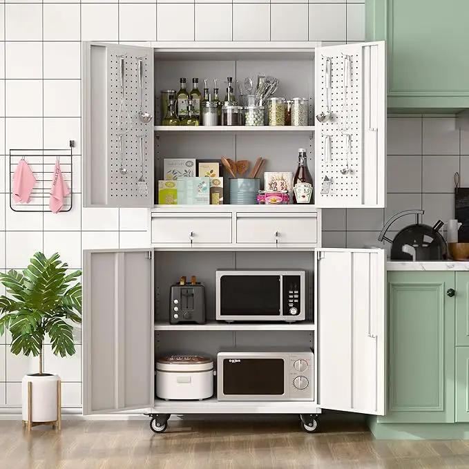 Metal Garage Storage Cabinet with Locking Doors and 2 Adjustable Shelves, Rolling Tool Storage Cabinet with 4 Wheels and 2 Drawer for Garage, Warehouse, White, Assembly Required by GreenHaven Gardens