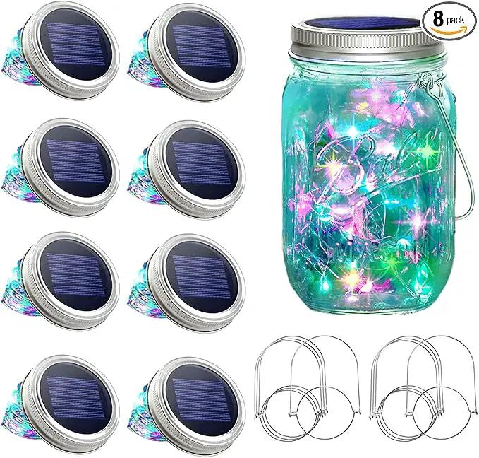 SunKite Solar Mason Jar Lights [Updated], 8 Pack 20 LED Waterproof Fairy Firefly Jar Lids String Lights with Hangers(NO Jars), Patio Yard Garden Wedding Decoration - Colorful by GreenHaven Gardens