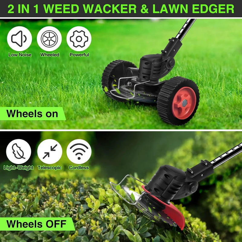 Electric Weed Wacker Cordless with Wheels: Electric Weed Wacker Battery Powered 24V 4.0Ah - Cordless String Trimmer for Lawn Garden Glass Pruning Trimming, Black by GreenHaven Gardens