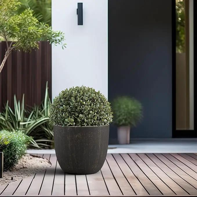 Kante 14 Inch Dia Round Concrete Planter, Indoor Outdoor Large Plant Pot with Drainage Hole and Rubber Plug for Home Patio Garden, Oil Rubbed Bronze by GreenHaven Gardens