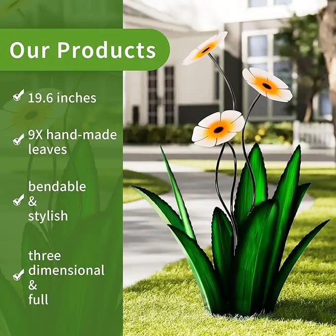 Upgraded Large Metal Yard Art, Agave Plant Yard Decorations, Outdoor Sculpture, Flowers for Outside, Waterproof Garden Decor (Green + Blue Flower) by GreenHaven Gardens