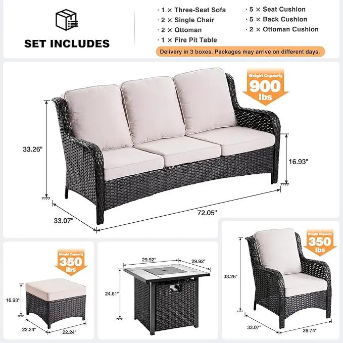 ovios 6 Pieces Patio Furniture Set with 30" Fire Pit Table, Outdoor Wicker Sofa with Ottomans, Comfy Cushions, High Back Couch Conversation Set, Brown Rattan, Beige by GreenHaven Gardens