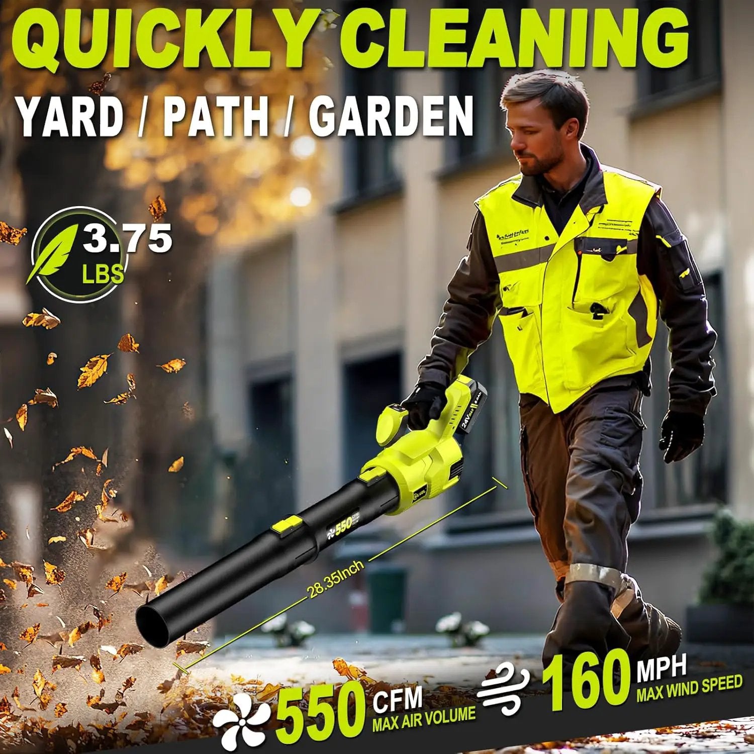 Cordless Leaf Blower, 550CFM (160MPH) Brushless Turbo Blower, 24V High Power Battery Powered Leaf Blowers with 2x4.0Ah Battery & Charger, Electric Blowers Variable Speeds for Lawn&Garden by GreenHaven Gardens