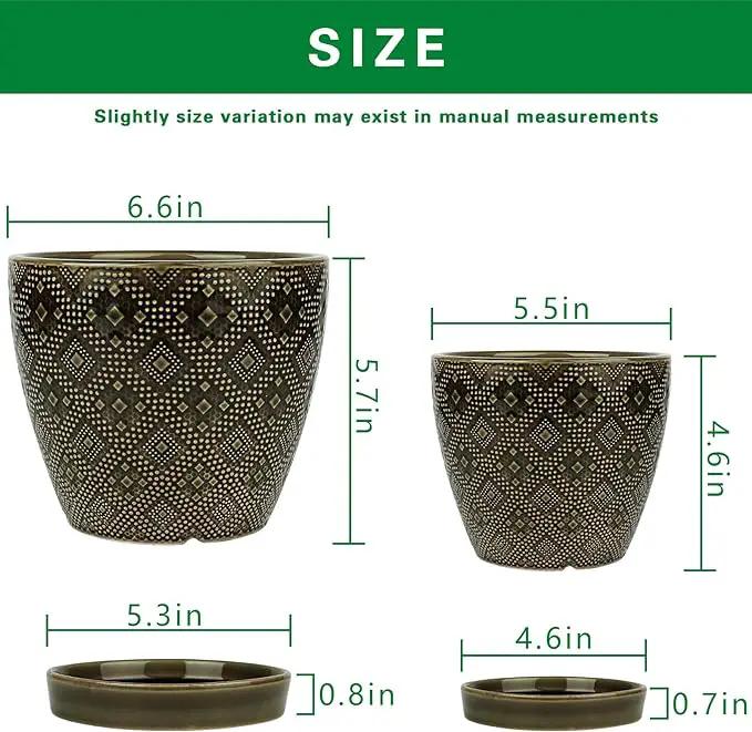 Docrin Ceramic Plant Pots Indoor: 6.6 + 5.5 Inch Planters with Drainage Holes and Saucer for Home/Office - Set of 2 /Dark Green by GreenHaven Gardens