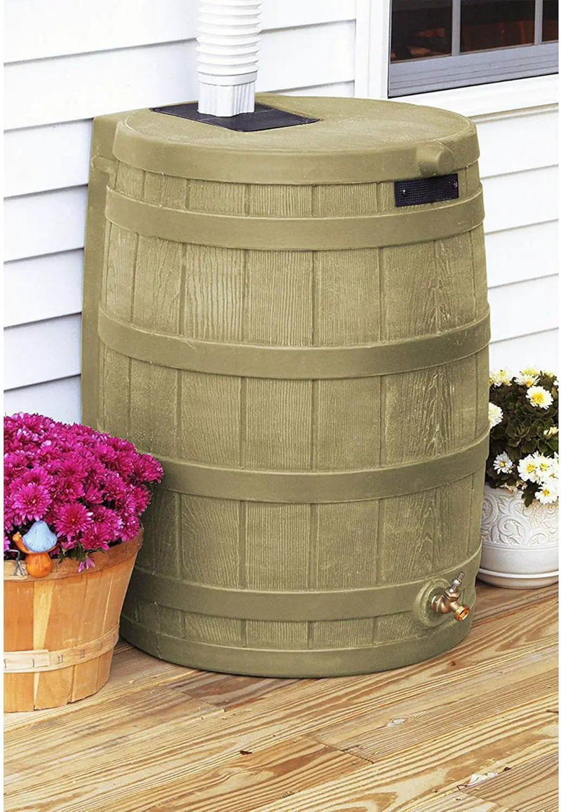 Good Ideas Rain Wizard 50 Gallon Plastic Outdoor Home Rain Barrel Water Storage Collector with Brass Spigot and Flat Back Design, Khaki (3 Pack) by GreenHaven Gardens