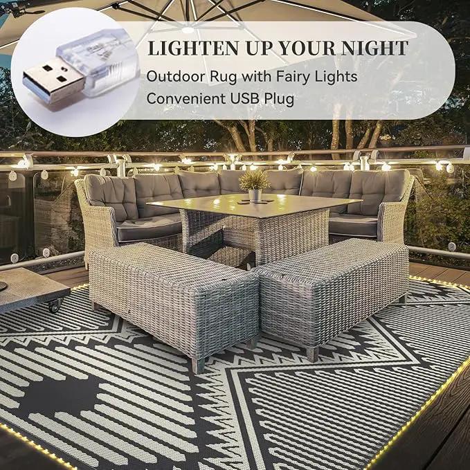 MontVoo Outdoor Rug with Led String Strip Lights 8x10 ft Waterproof Outdoor Patio Rug Mat Reversible Plastic Straw Rug Outside Outdoor Rug for RV Camping Picnic Balcony Fairy Boho Outdoor Decor by GreenHaven Gardens