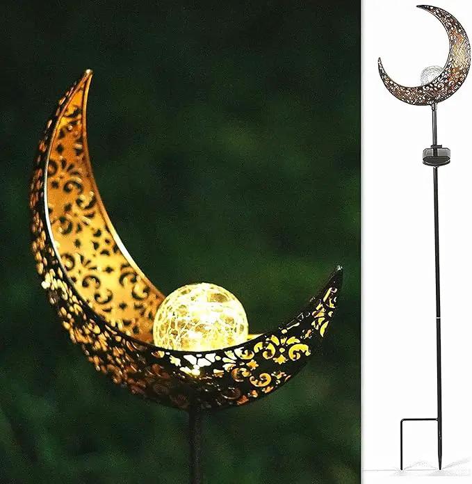 SunKite 1 Pack Garden Solar Light Outdoor Metal Moon Shape Lamp with Waterproof Crackle Glass Globe for Garden,Lawn,Patio,Pathway or Courtyard by GreenHaven Gardens