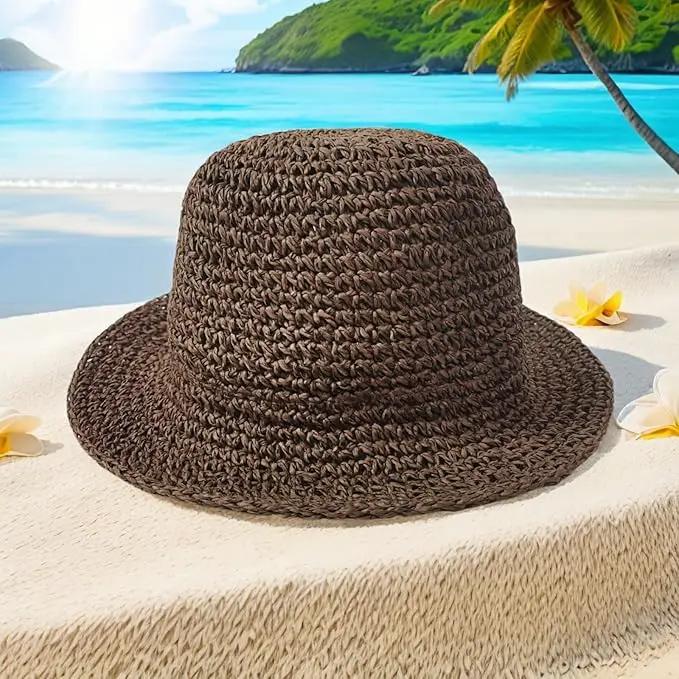 Womens Straw Beach Sun Hats, Foldable Packable Floppy Handmade Crochet Hats for Women,Large Summer Vacation Wide Brim Hat by GreenHaven Gardens