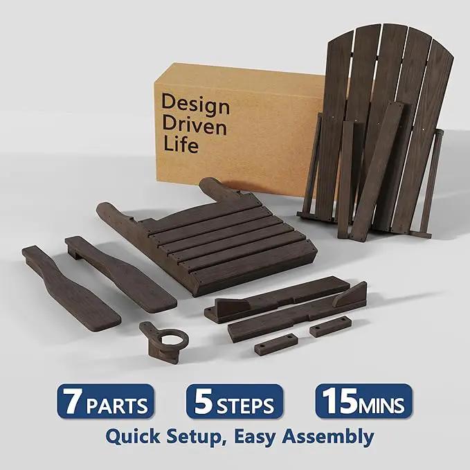 Folding Adirondack Chair Set of 3 with Cup Holder, HDPE All Weather Resistant Plastic Outdoor Patio Chairs, Heavy Duty Fire Pit Seating for Backyard Lawn Garden, Wooden Textured Design(Coffee) by GreenHaven Gardens