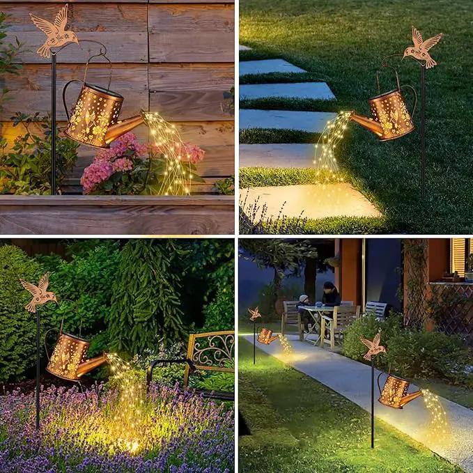 Outdoor Hanging Solar Lantern Waterproof Set Outside Metal Sprinkler Openwork Hummingbird Landscape Lights for Garden Yard Patio Pathway Decor Birthday Gifts for Women Mom Grandma -with Floor Pole by GreenHaven Gardens