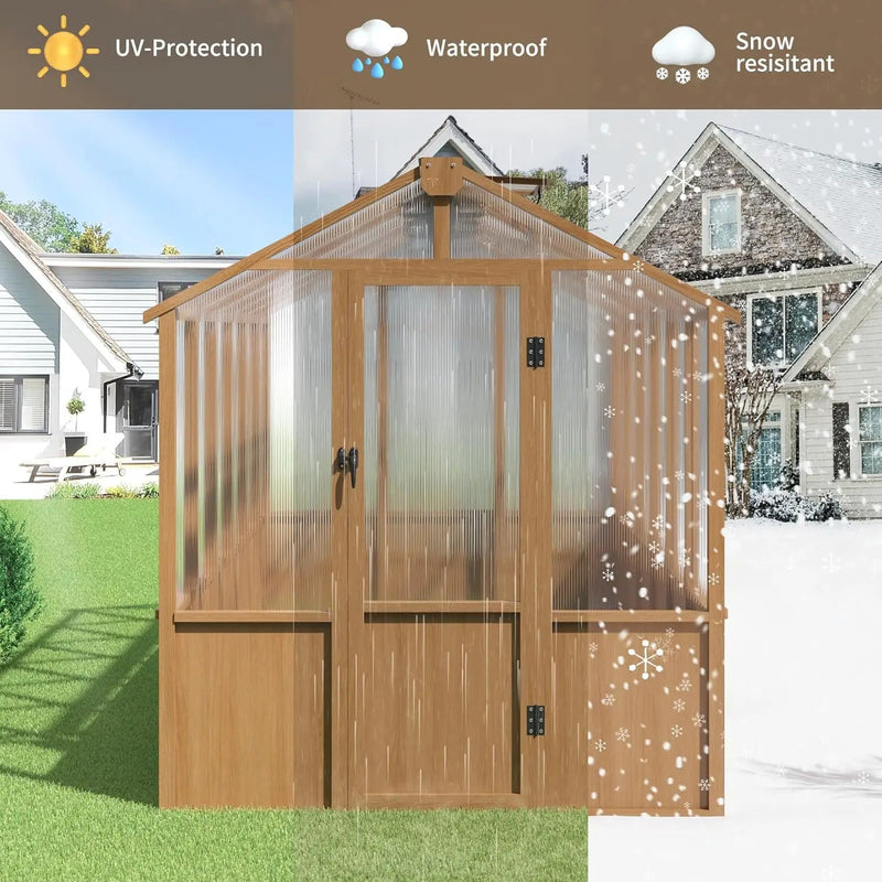 6x12 FT Wooden Greenhouse for Outdoors, Walk-in Greenhouse with 6MM Thick Polycarbonate Panel and Adjustable Roof Vents, Garden Backyard, Wood Colour by GreenHaven Gardens