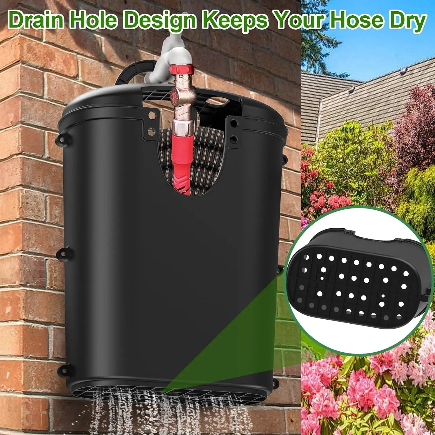 Riokko Garden Hose Holder Bucket, Hose Storage, Water Hose Storage for Outside, Hose Box Fits 25FT Heavy Duty/100FT Expandable/50FT Flat/50FT Stainless Steel Hoses, Hanging Handle & Drain Hole Design by GreenHaven Gardens