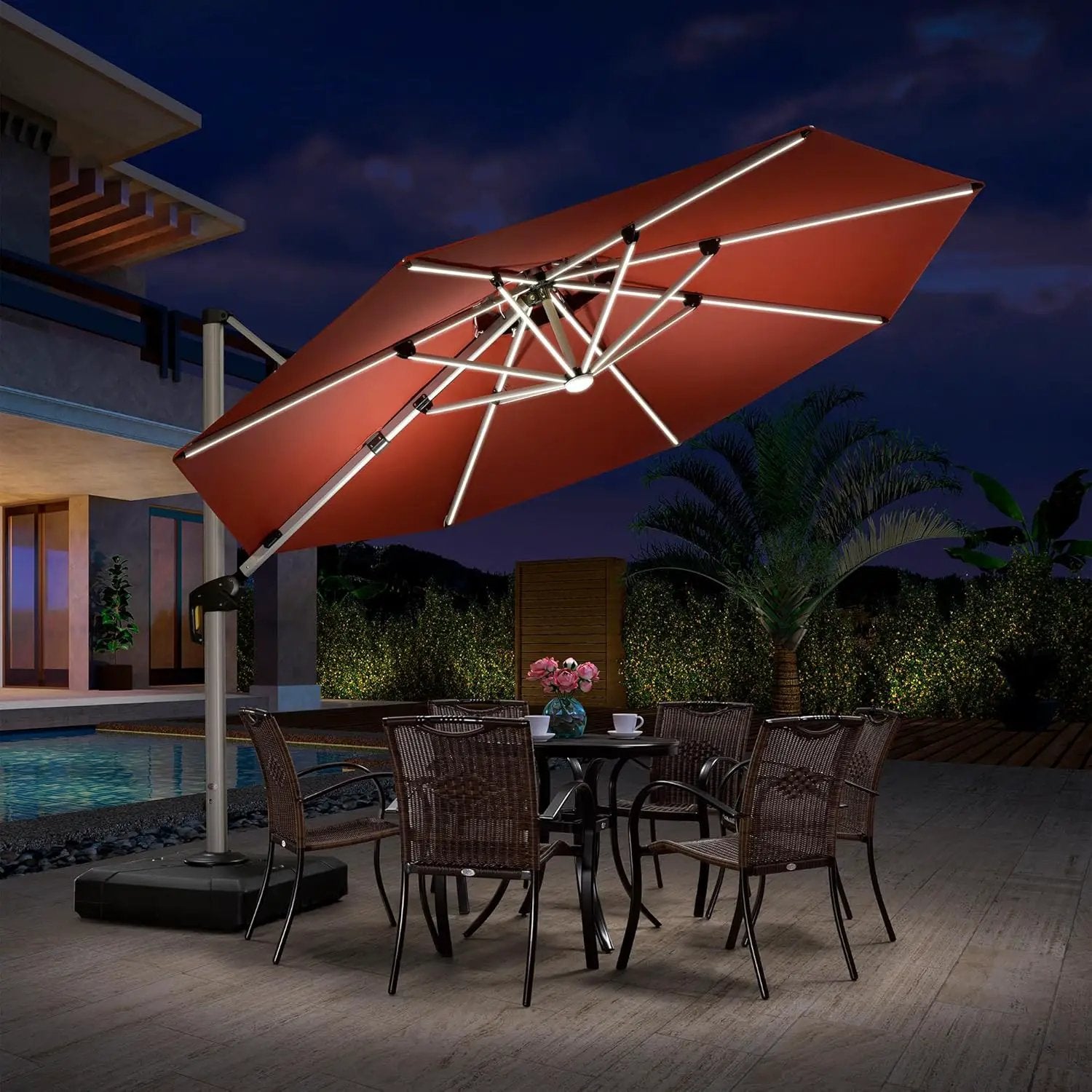 PURPLE LEAF 11ft Patio Umbrella With Base Solar powered LED Cantilever Umbrella with LED lights Windproof Outdoor Offset Umbrella for Garden Deck Pool Patio, Brick Red by GreenHaven Gardens