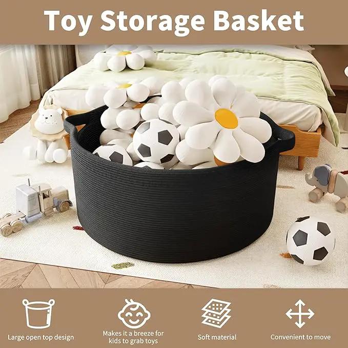 125L Extra Large Blanket Basket, 25" x 16", Jumbo Laundry Woven Baskets Decorative Home, Cotton Rope Basket with Handles, Baby Toy Baskets for Storage, Black, 2PC by GreenHaven Gardens