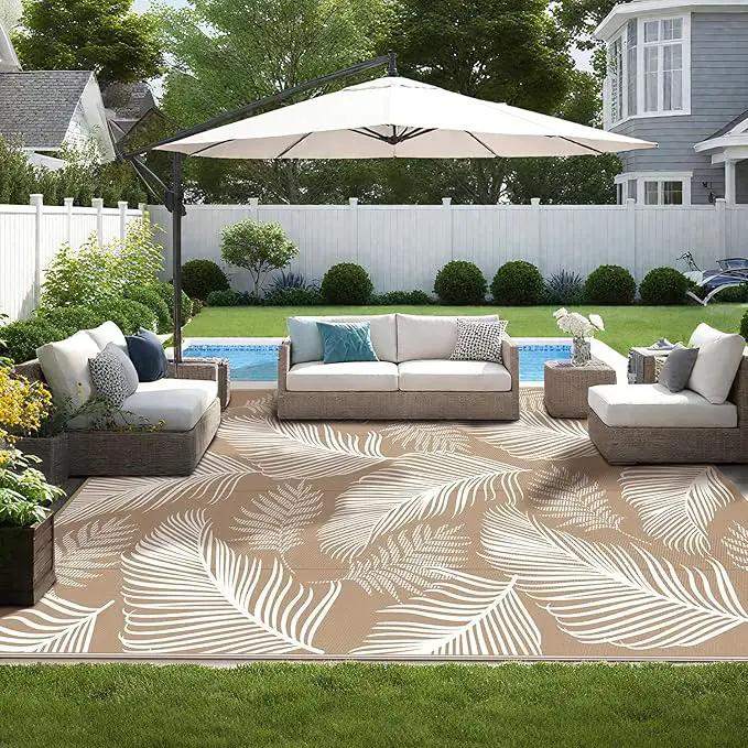 Pauwer Waterproof Outdoor Rug 9x12, Reversible Plastic Straw Patio Camping Rug, Indoor Outdoor RV Mat Carpet for Deck, Camper, Porch, Balcony, Backyard, Picnic, Leaf Brown by GreenHaven Gardens