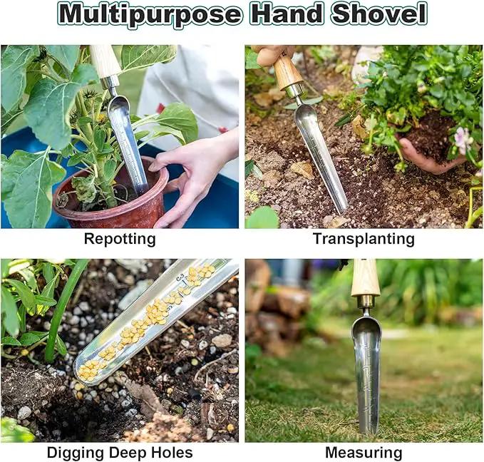 Berry&Bird Seeding Widger,Stainless Steel Seed Dibber Tool with Measuring Scale,Wooden Handle Garden Bulb Trowel for Seed Planting Tool Hand Shovel Planter Transplanter Dibber Soil Digginng by GreenHaven Gardens